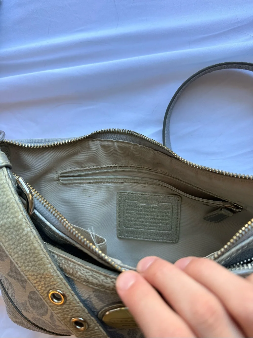 Coach Signature Shoulder Bag in Metallic Light Blue and Cream